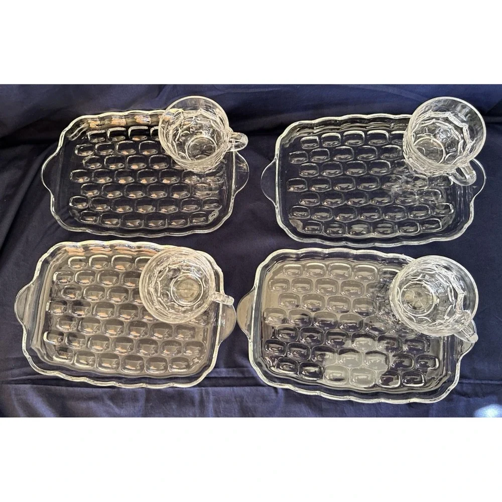 1950s Federal Glass Yorktown Thumbprint Set of 4,  8 total item Snack Plate Cup